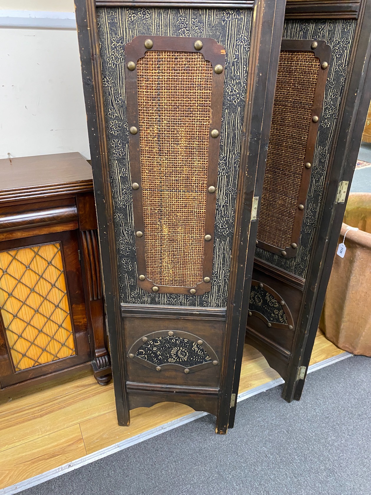 A Chinoiserie stained beech four fold screen, height 180cm, width 160cm